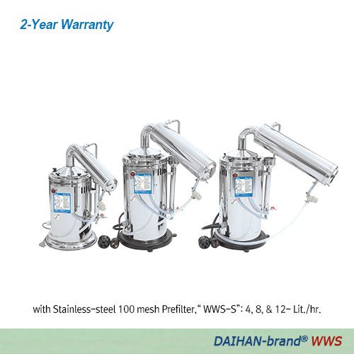 DAIHAN® Electric Classic Water Still “WWS”, All Stainless-steel, Built-in Prefilter & Auto On/Off system<br>For Laboratory Water, Pyrogen-free, 0.3㏁?cm(resistivity), pH5.4 to 7.3, Capa. 4·8·12 Lit/hr<br>(1) with Stainless-steel 100 mesh Prefilter, (2) wit