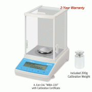 DAIHAN® [d] 0.1mg, max.220g Calibration Certificated Standard Analytical Balance, Φ80·90mm Weighing Plate<br>A. Ext-CAL “WBA-220”, B. Auto Int-CAL “WBA-220A”, with Glass Draft Shield, Back Light LCD, Counting Function, Various Weight Mode<br>“Ext-CAL 외부 보