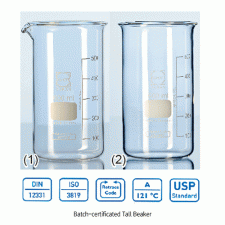 DURAN® Premium Batch-certificated Tall Beaker, 50~2,000㎖<br>Boro-glass 3.3, with Graduation, with/without Spout, DIN/ISO, 프리미엄 유리 톨 비커