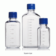 Azlon® 250~2,000㎖ PC Media Bottles, Square- & Round-type, Narrow Neck, with Heavy Duty & Graduation<br>Ideal for Culture Media & Low Temperature Autoclavable, -100℃+135/140℃, PC 4각 & 원형 헤비듀티 메디아 바틀