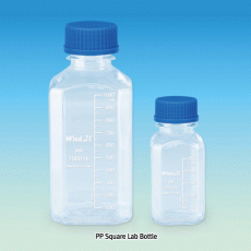 WisdTM PP Space Saver SQUARE MeasureTM Lab Bottle, Wide-neck, with DIN/GL-32 & 45 Basic Cap Attached, 100~1,000㎖<br>Precisely Graduated, Transparent, Good Chemical/Heat Resistance, 125/140℃ Stable, Autoclavable, PP 4각 광구 랩 바틀, 정밀눈금