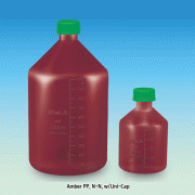 WisdTM “Leak-Proof” PTFE/Butyl Septa-sealed PP Amber MeasureTM Lab Bottle, with DIN/GL Universal Cap, 100~2,000㎖<br>Precisely Graduated, Excellent for Sealing & Chemical Resistance, 125/140℃ Stable, Autoclavable, “리크프루프” PP 랩바틀, 정밀눈금
