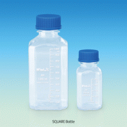 WisdTM HDPE SQUARE MeasureTM Bottle, Wide-neck, with DIN/GL-32 & 45 Basic Cap Attached, 100~1,000㎖<br>Precisely Graduated, Translucent, Good Chemical Resistance, 105/120℃ Stable, HDPE 4각 광구 랩 바틀, 정밀눈금