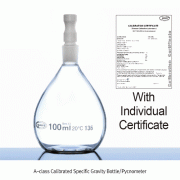 Glassco® A-class Calibrated Specific Gravity Bottle/Pycnometer, with Individual Work Certificate, 10~100㎖<br>Gaylussae-type, Boro-glass 3.3, with 10/15 PTFE Vented Joint Stopper, A급 보증서부 비중병/피크노메타