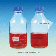 DURAN® Safety Plastic PU-Coated Lab Bottle, With/Without GL Cap & Pour-Ring, Clear & Amber, 25~20,000㎖<br>Boro-glass 3.3, with Graduation & DIN GL-Screwthread, Autoclavable, -30℃+135℃, 안전플라스틱 코팅 랩바틀