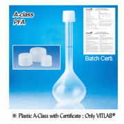VITLAB® PFA A-class Batch Certificated Volumetric Flask, Anti-Chemical, Hi-Transparent, Quality Traceable, 10~500㎖<br>DIN/ISO, -200℃+260℃ Stable, <Germany-Made> A-급 PFA 투명 메스 플라스크, 배치보증서부