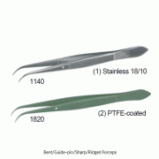 Bochem Bent·Guide-pin·Sharp·Ridged Forceps, Stainless-steel·PTFE-coated, L105~145mm<br>With Sharp & Ridged-Tip, 곡형·가이드핀 부 스텐 & PTFE코팅 포셉/핀셋