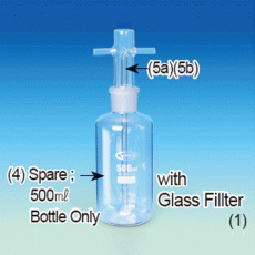 Basic Gas Washing Bottle, with or without Glass Filter Disc P2(40~90㎛), 250~500㎖<br>With 29/32 Cone Joint Head, Boro Glass 3.3, 29/32 조인트 가스 세척병