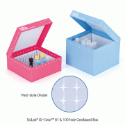 ID-ColorTM 81- & 100-hole Cardboard Box, for 0.5~5㎖ Cryovials/Microtubes, with PP Post-style Divider and Hinged Lid<br>Ideal for ULT Freezer Box and LN2 Freezing, Waterproof, Alphanumeric, -196℃+121℃, 81 & 100홀 판지 보관박스