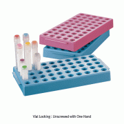 Simport® CryovialTM 50-hole Workstation Rack, PP, for 0.5~5㎖ CryoVials/Microtubes<br>Ideal for Self-stand Cryovials, Hole Φ13mm, Autoclavable, 125/140℃, <Canada-Made> 50홀 랙