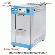 DAIHAN® 90Lit Steam Sterilizer “Ste90.F”, Floor-type Front Door, 110~135℃, Medicaluse<br>With Built-in Steam Generator, Water Ejector Vacuum Pump, Thermal Printer, 2 Perforated SS Tray, HEPA Filter<br>SQUARE Chamber Autoclave, Pre- & Post-Vacuum Drying, A