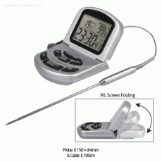 Alla® Folding Oven Thermometer “91000.003F”, with 1m Stainless Cable & NTC-Probe, Timer·Alarm·Clock, up to 300℃/572℉<br>With 1m Stainless Cable & Probe, “Cable-Stay- in Oven”, 1°- display, “23hr-59min-59sec” Timer, 접이식 오븐 온도계